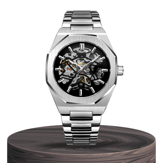 Luca | Intricate Skeleton Movement Bold Brushed Steel Watch | 42mm